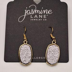 Jasmine Lane Silver Druzy Drop Earrings Gold Trim NWT Statement